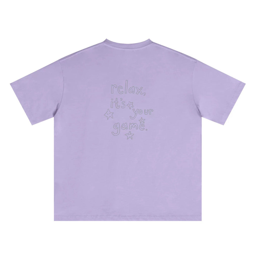 Wipe Away graphic tee in Lavender — relaxed drop-shoulder fit, starry "relax, it's your game" back print