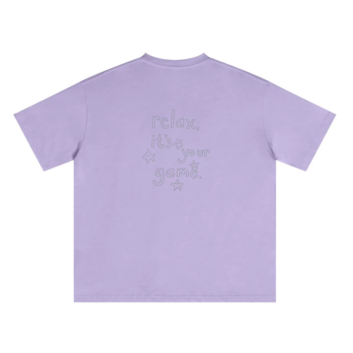 Wipe Away graphic tee in Lavender — relaxed drop-shoulder fit, starry "relax, it's your game" back print