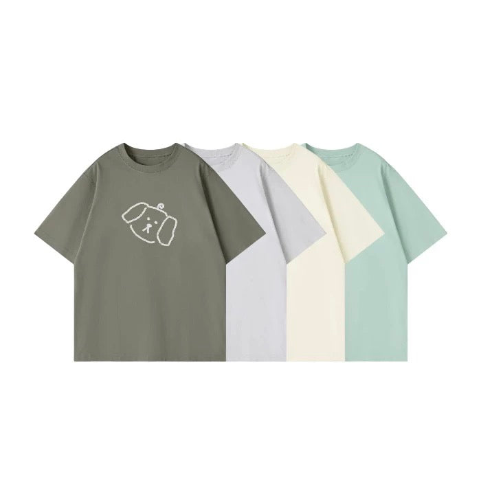 Wipeaway cool-touch relaxed tees in four colors: Moss Green, Cloud Dancer, Soft Butter, and Jelly Mint, featuring the signature sprout puppy graphic.