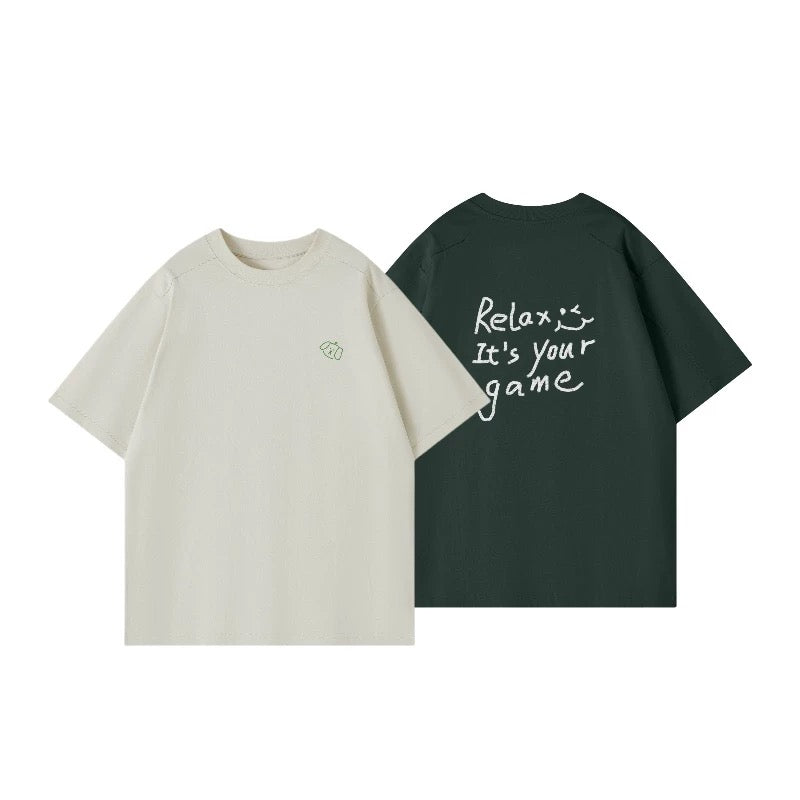 Wipeaway 275g heavyweight cotton tees in off-white and dark green, featuring the signature hand-drawn puppy mascot on the front.