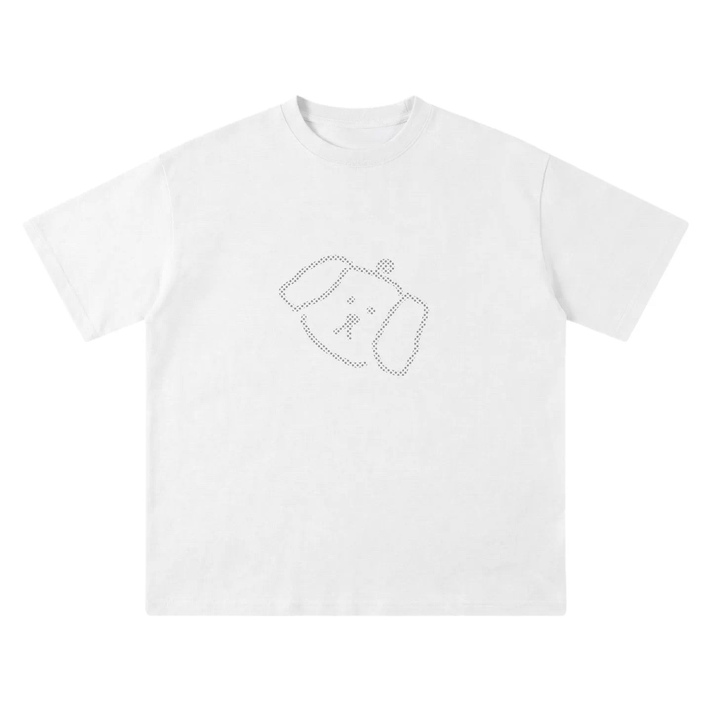 Wipe Away Polka Dot Puppy tee in Cloud Dancer — minimalist dot-print puppy on white cotton