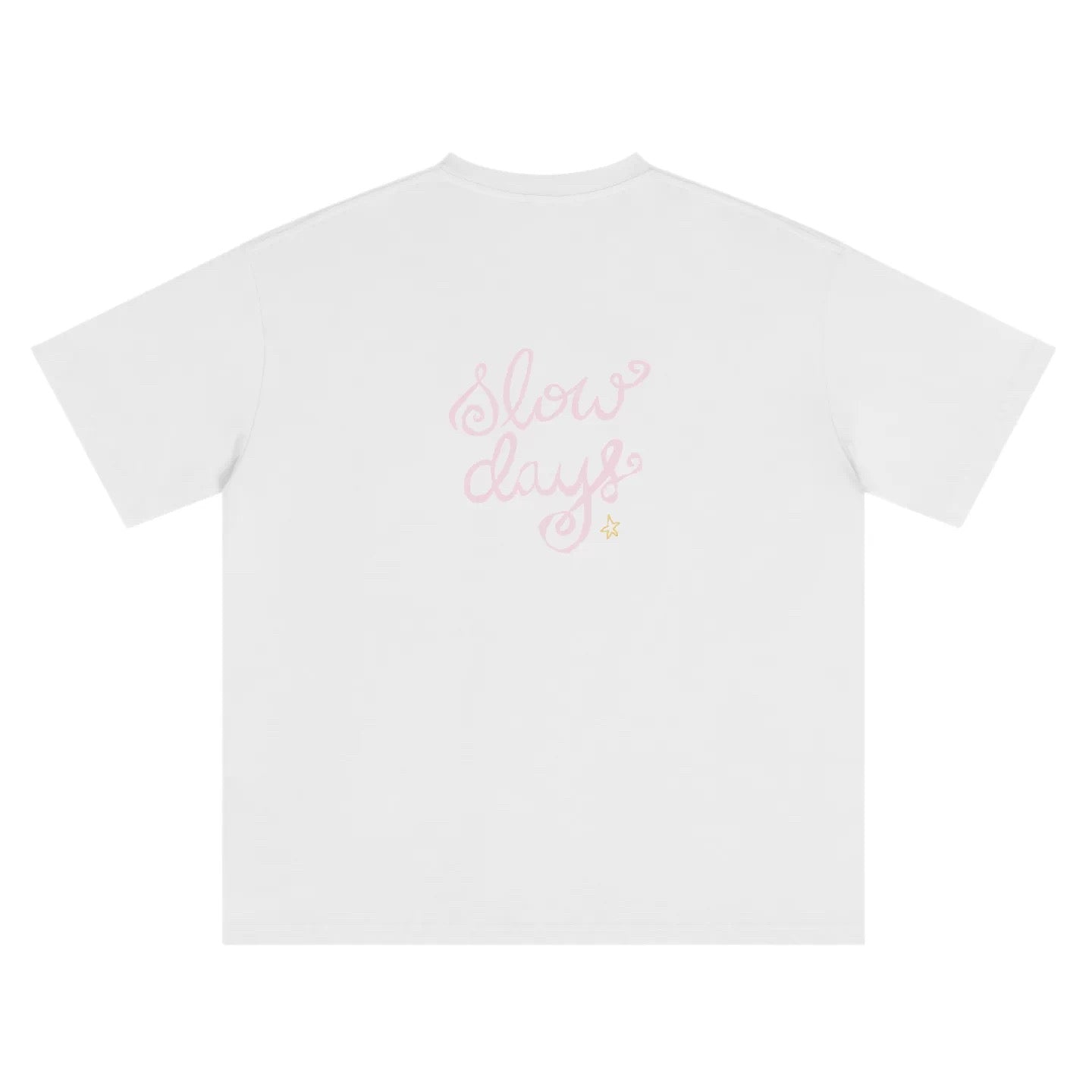 Wipe Away Slow Days graphic tee – Cloud Dancer white,  with hand-drawn print. Back view, relaxed oversized silhouette