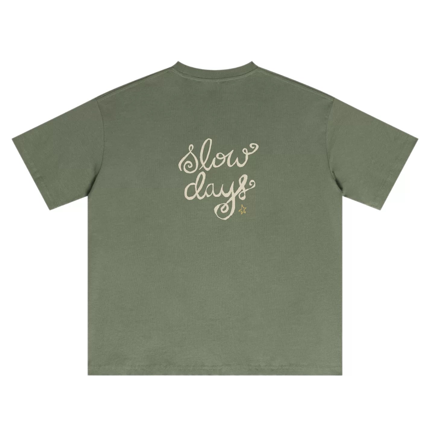 Wipe Away Slow Days graphic tee – Sage Green,  with Slow Days script print, Sage Green, back view