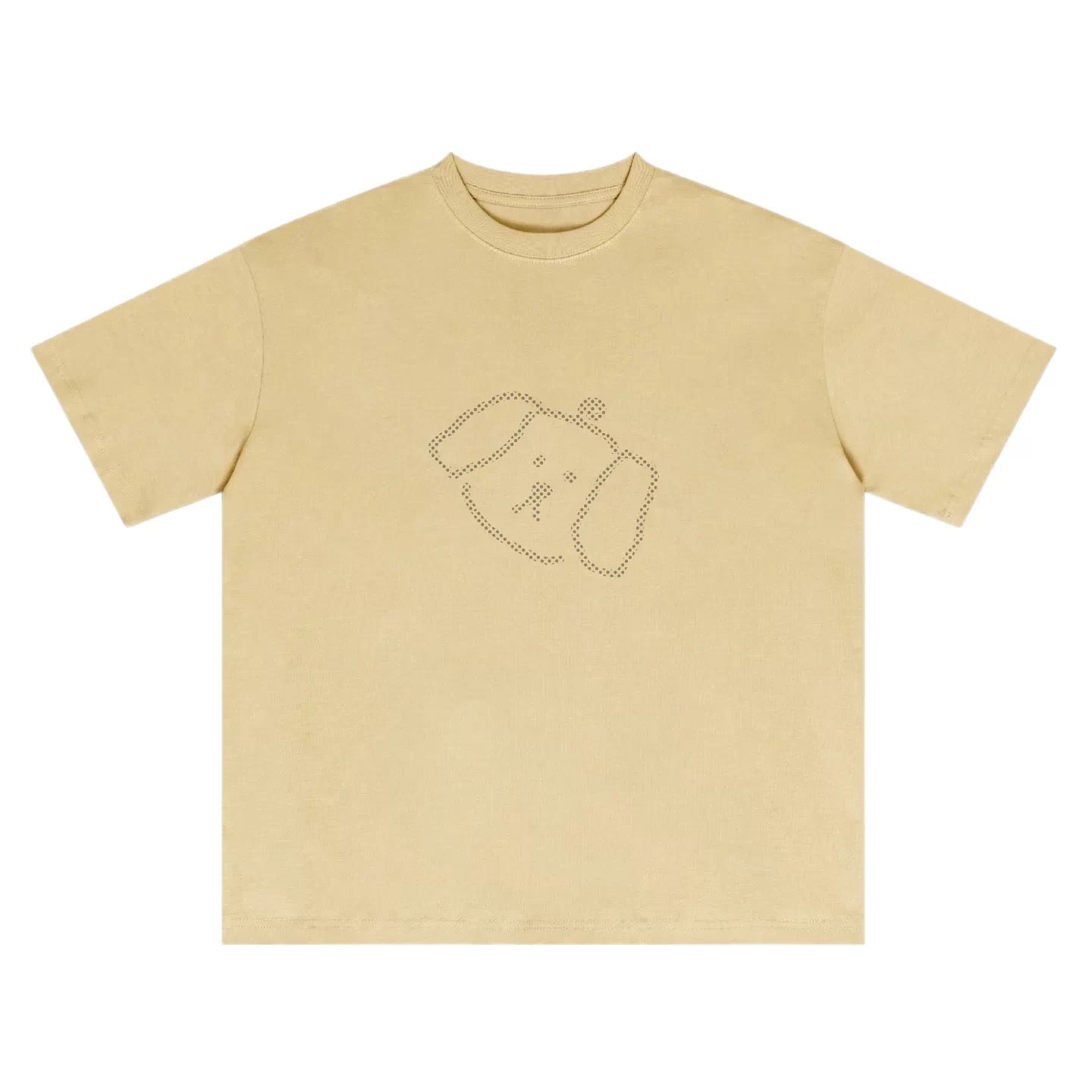 Wipe Away Polka Dot Puppy tee in Dune Apricot — retro dot print, relaxed drop-shoulder fit