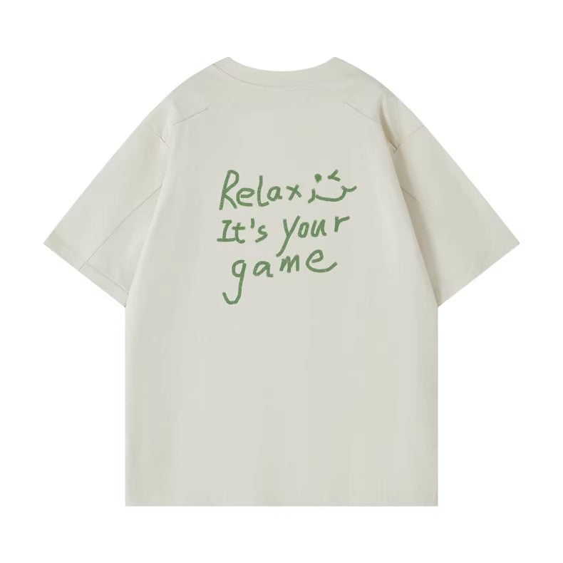Hand-Printed Tee — "Relax, It's Your Game" Flatlock Stitch Graphic