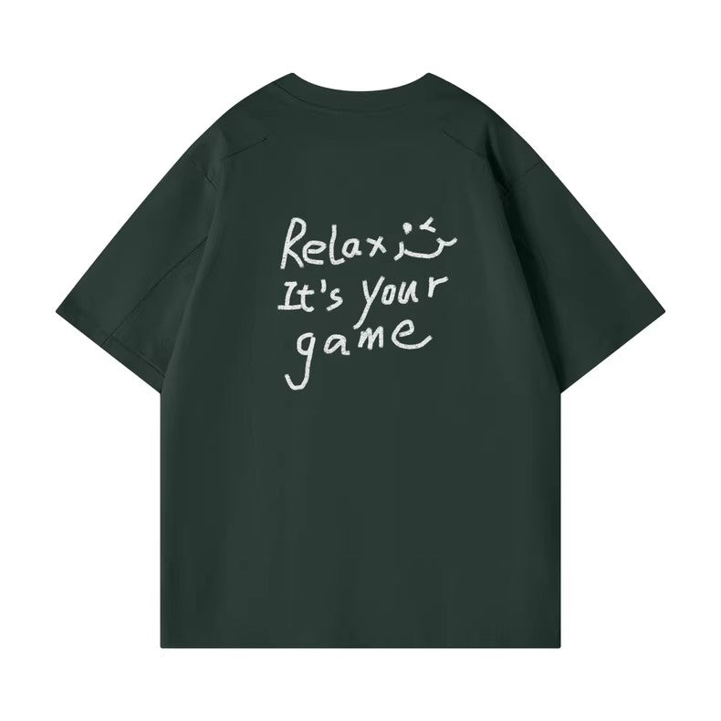 Hand-Printed Tee — "Relax, It's Your Game" Flatlock Stitch Graphic