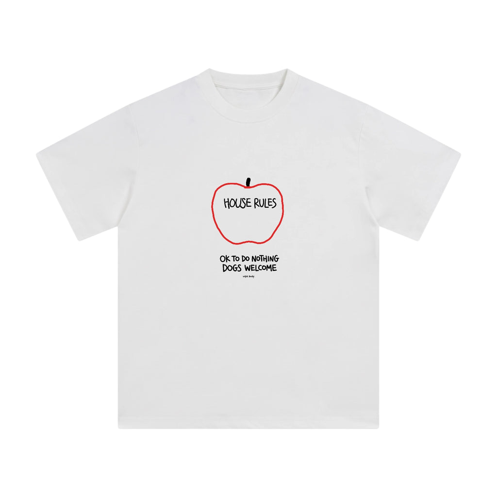 Wipe Away Home Rules hand printed doodle apple graphic tee white flat lay