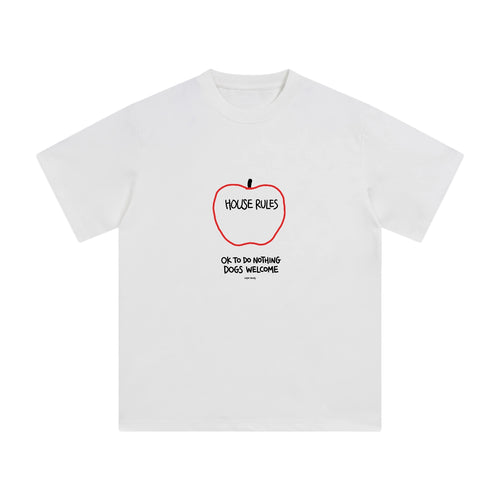 Wipe Away Home Rules hand printed doodle apple graphic tee white flat lay